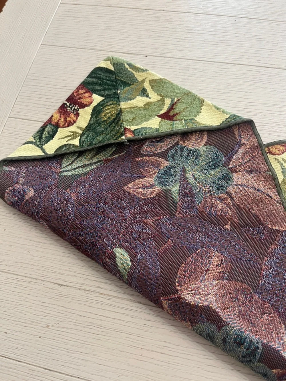 Vintage Tapestry Table Runner Greens & Reds Floral Tropical Print 69”